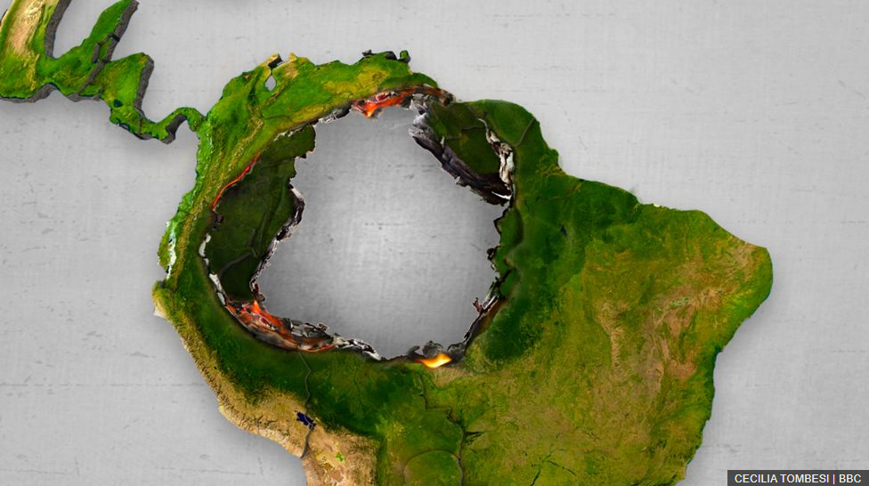 Ilustración de América del Sur. Una parte de Brasil está quemada y hay un hueco en su lugar.